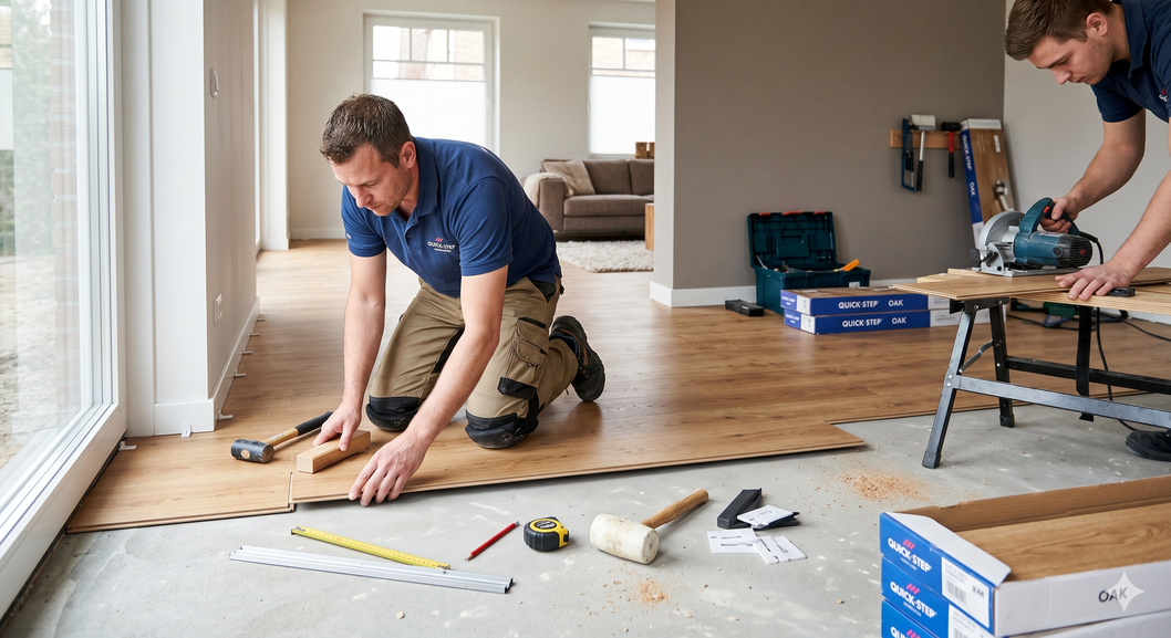 Handwerker verlegt einen neuen Laminatboden