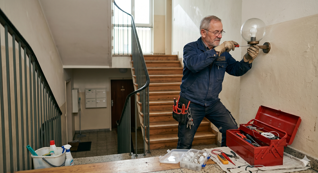 Hausmeister mit Werkzeugkoffer in einem Treppenhaus