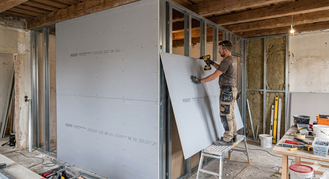 Trockenbau-Trennwand teilt einen modernen Wohnraum auf
